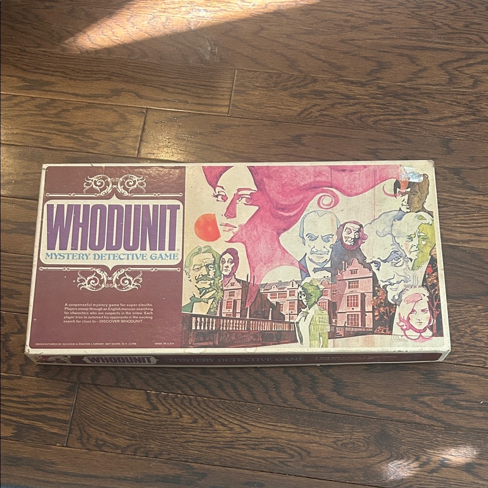 Whodunit Mystery Detective Game Vintage Box - Pink, Purple, Cream Artwork 1972